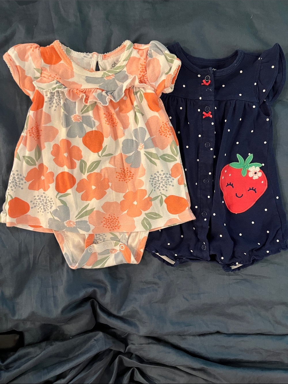 Lot of 2 Carter's Baby 6M Dotted Romper & Floral Ruffle Accent Bodysuit Dress